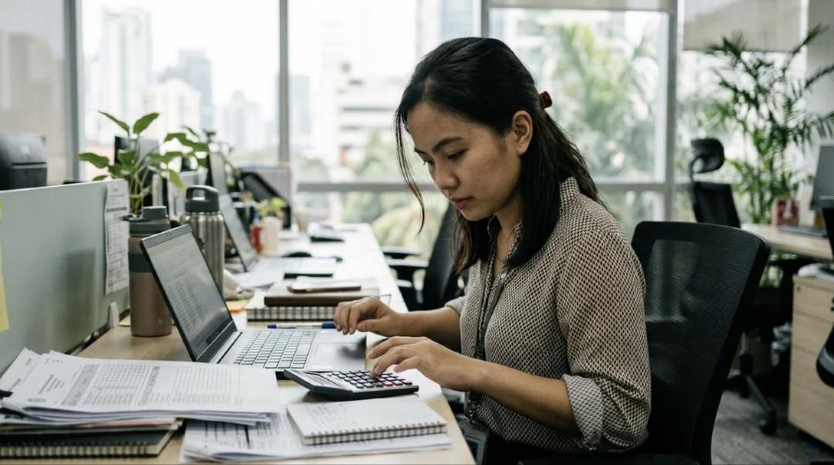 An HR assistant computes contributions with a laptop and calculator.