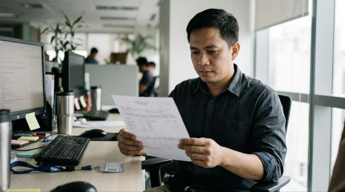 An employee reads his printed payslip at his desk.