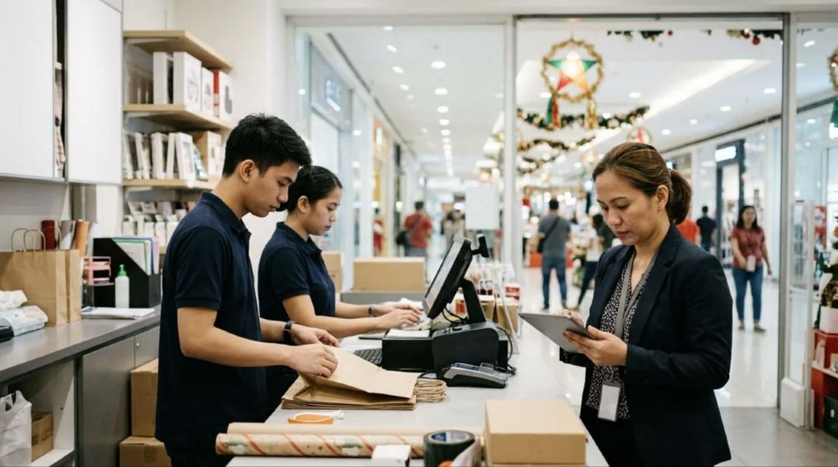 Retail staff work a holiday shift while their manager checks the schedule.