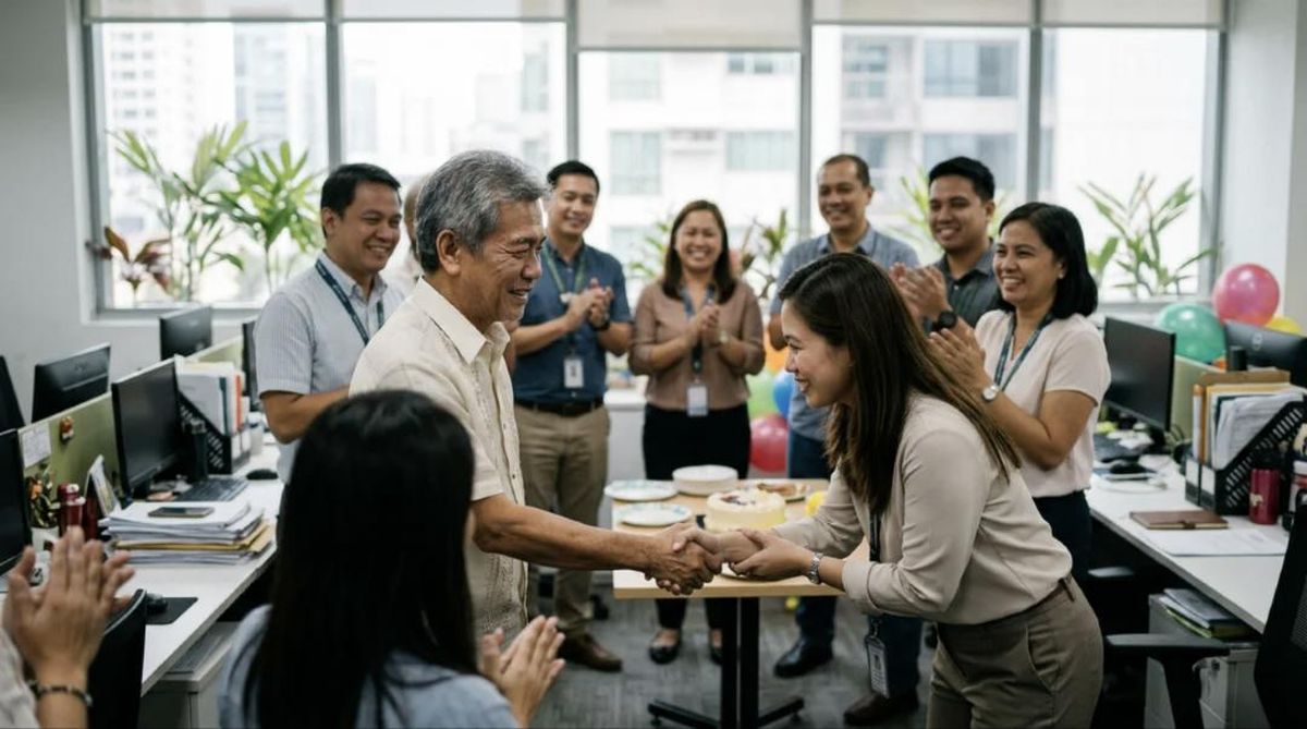 A retiring employee is congratulated by his manager as coworkers applaud.