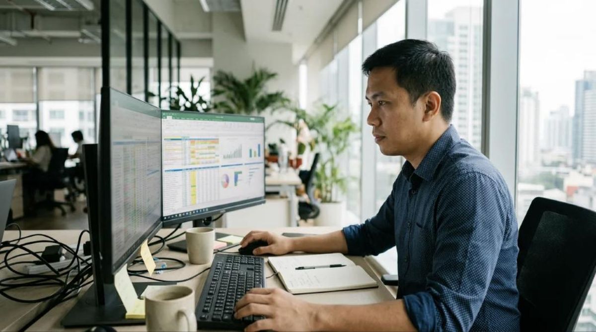 An analyst works through detailed spreadsheets on two monitors.