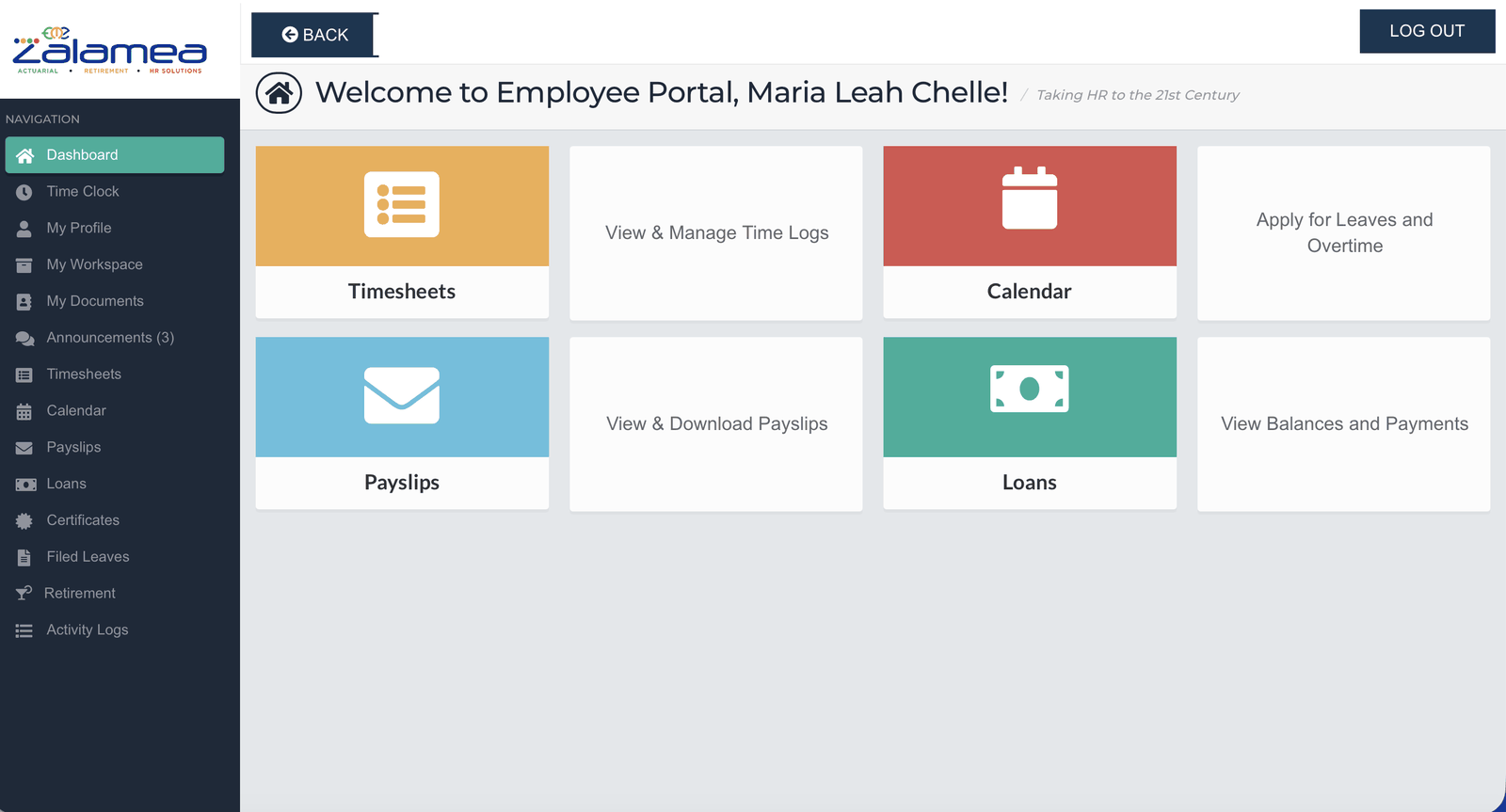 Zalamea employee self service portal cycling through the HRIS dashboard, timesheets, and payslips