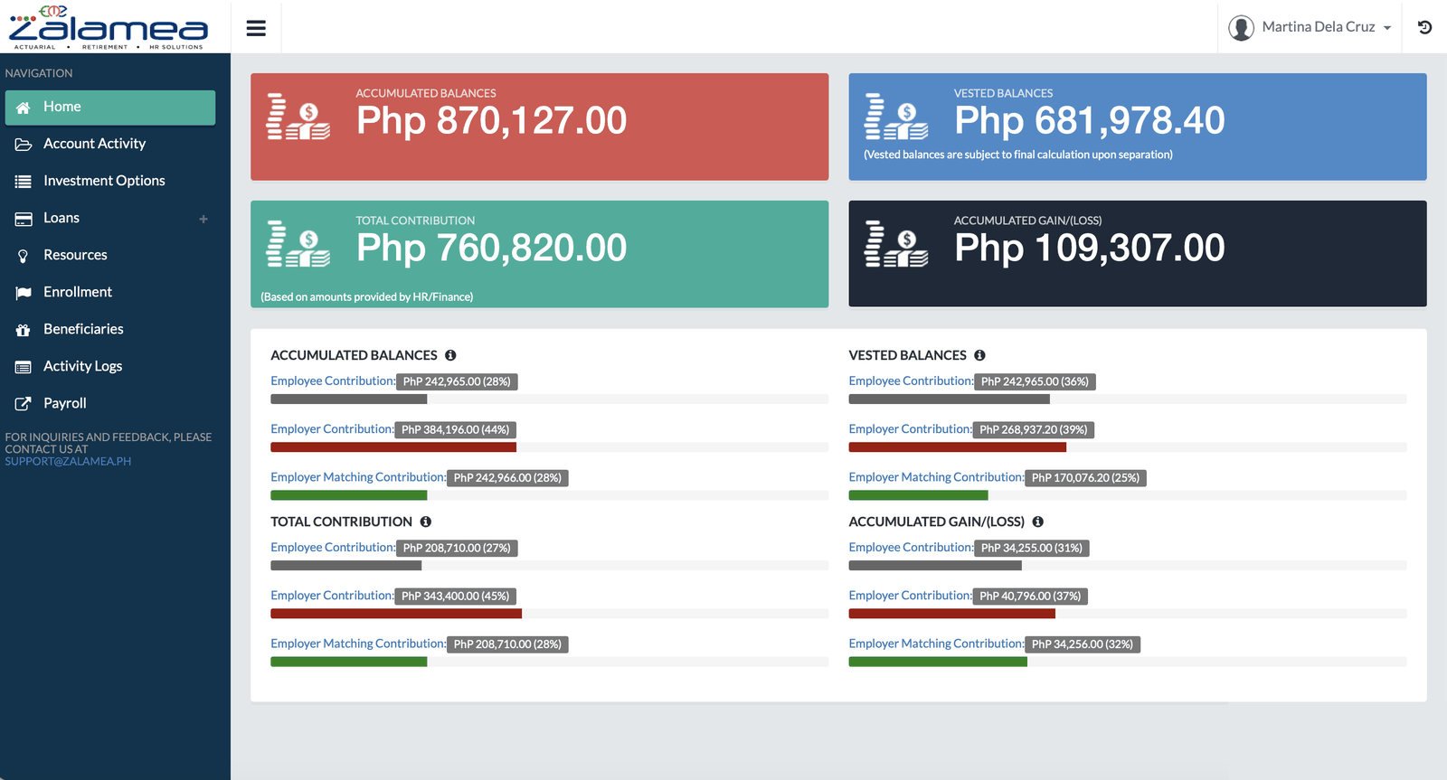 Zalamea retirement member portal cycling through the balances dashboard and account activity ledger